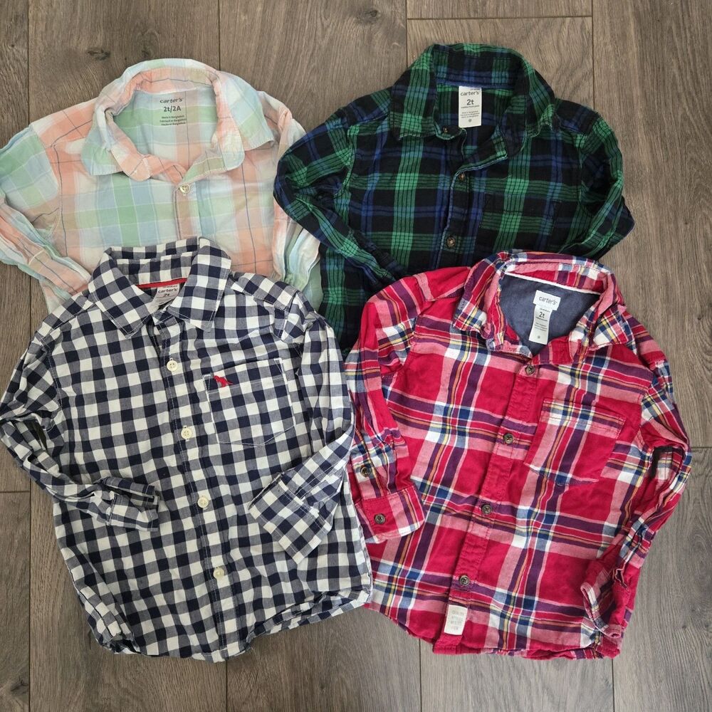 Carters Toddler Boy 2T Button Down Plaid Shirt Lot 4 Gingham Dino Cotton Woven